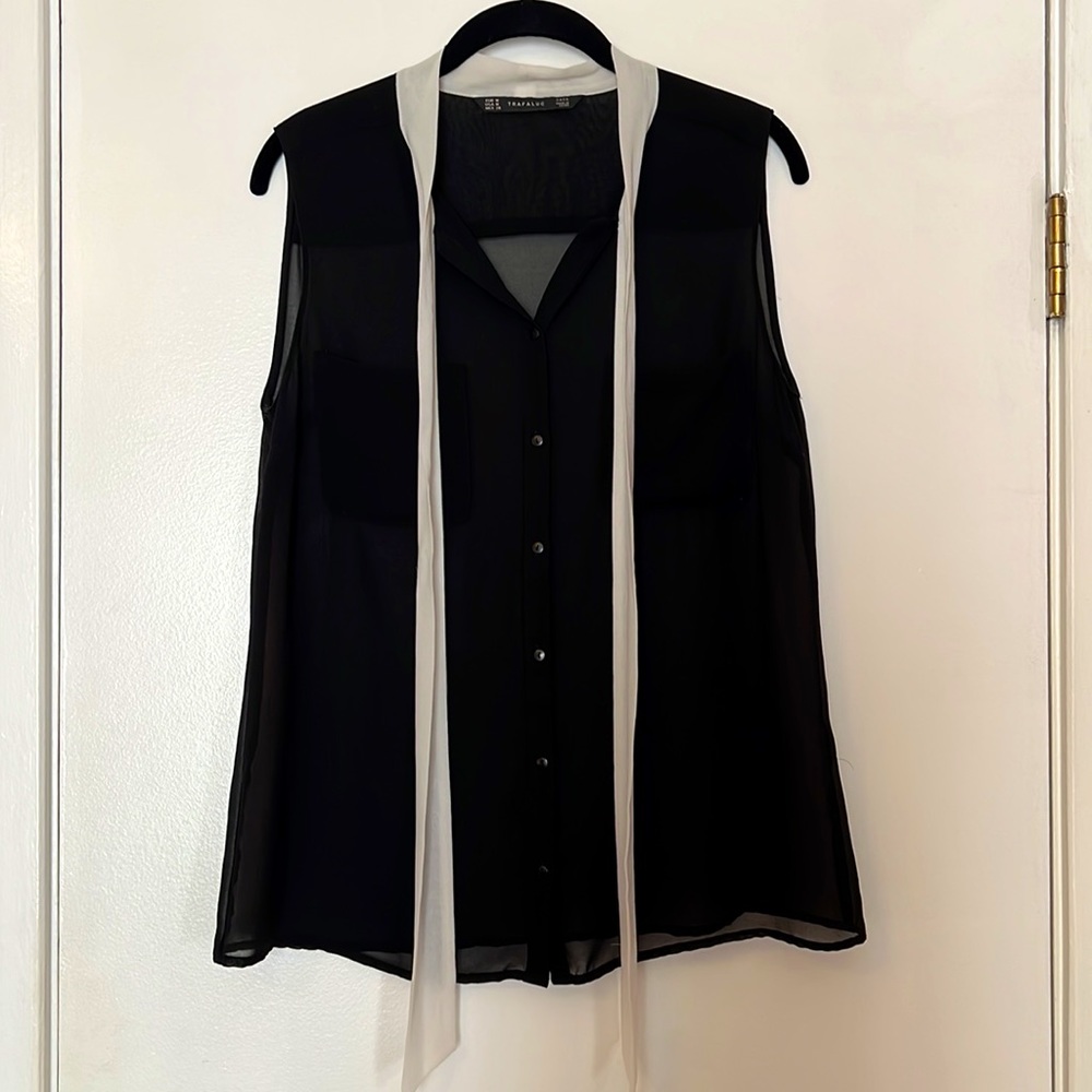 Zara Trafaluc Sheer Black Sleeveless Button Down - Size Medium
